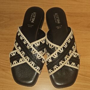 Black and Raffia Slide Leather Sandal